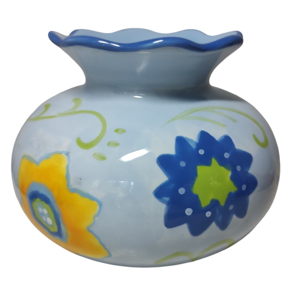 Vintage Kimberly Hodges Hallmark Vase Hand Painted Blue Floral Scalloped‎ Edge